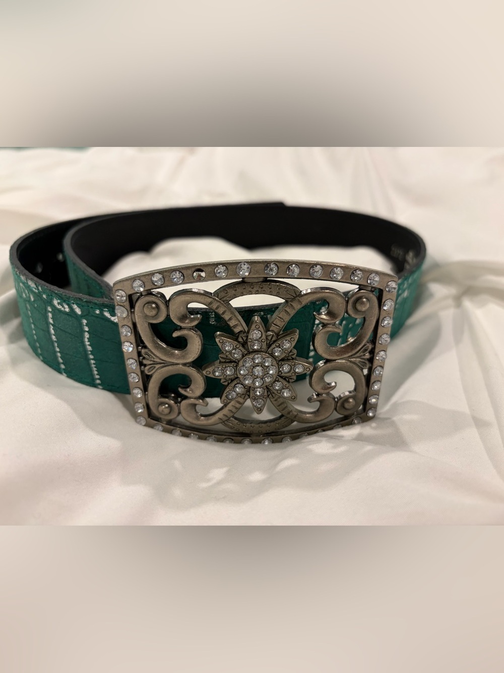 Beltshak Genuine Leather Statement Belt – Turquoise Green Rhinestone Floral Buck